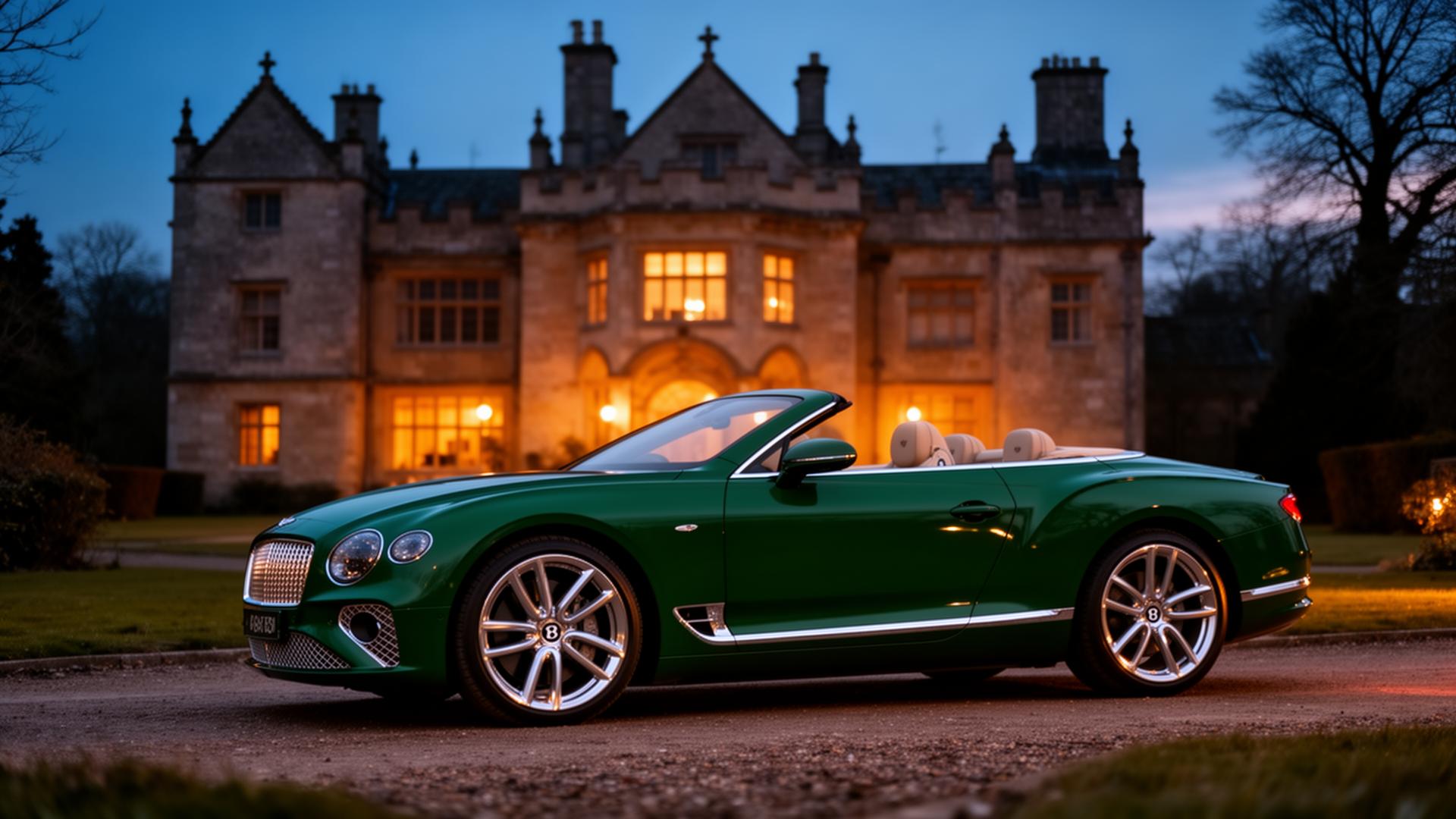 Dunkelgrüner Bentley Continental GT vor englischem Herrenhaus