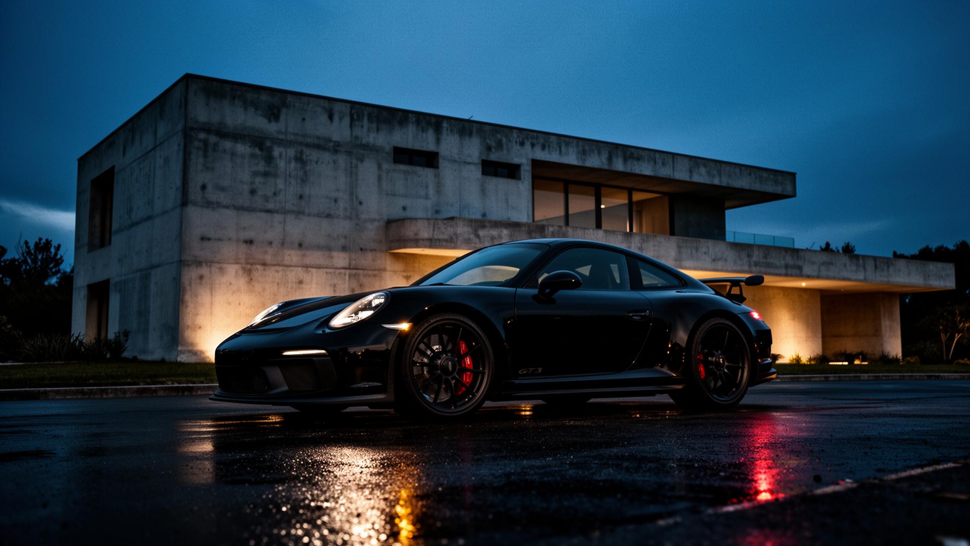 Schwarzer Porsche 911 GT3 bei Dämmerung vor brutalistischer Villa